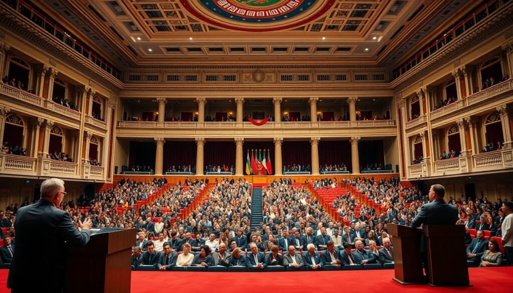 A grand stage set against a majestic backdrop, a national congress in full swing. In the foreground, a speaker at the podium, delivering a captivating keynote address, their voice and gestures commanding the attention of the assembled crowd. Elegant lighting casts a warm, authoritative glow, while a sea of attentive faces fill the middle ground, their expressions rapt with focus. In the background, the grand architecture of the congress hall frames the scene, its ornate details and soaring ceilings lending an air of importance and gravitas to the proceedings. The overall atmosphere is one of significance, as if a pivotal moment in the history of the nation is unfolding before the viewer's eyes.