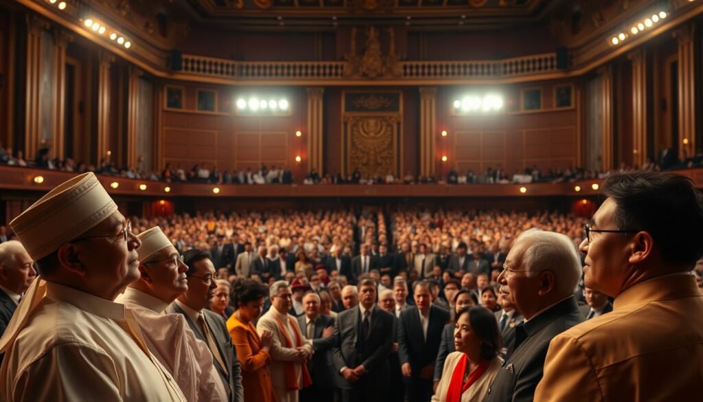 A grand stage set for a national congress, with prominent national figures gathered in the foreground. Warm, soft lighting illuminates their faces, conveying a sense of importance and dignity. In the middle ground, a sea of attentive attendees, their expressions rapt as they listen intently. The background is a grand, ornate hall, its architecture and decor befitting the significance of the event. The overall mood is one of solemn reverence, as these respected leaders come together to shape the nation's future.