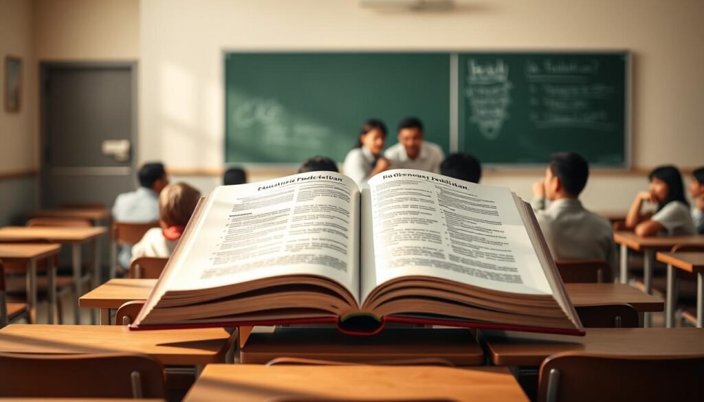 A serene, softly-lit classroom scene with desks, chairs, and a chalkboard in the background. In the foreground, a diverse group of students and teachers engaged in lively discussion, symbolizing the collaborative nature of education. The middle ground features an oversized open book, its pages depicting educational policies and reform, representing the "Kebijakan Pendidikan" (Educational Policies) concept. The lighting is warm and natural, creating a contemplative atmosphere, inviting the viewer to ponder the interplay between government policies and educational equity. The composition balances formal and informal elements, highlighting the complex dynamics within the education system.