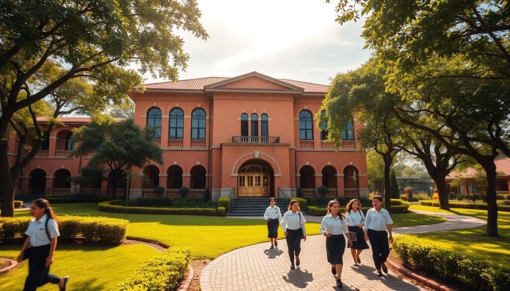 A stately two-story building with a facade of warm terracotta bricks, adorned with arched windows and a central entryway. The structure stands amidst a lush landscape, with well-manicured gardens and shady trees framing the scene. Sunlight filters through wispy clouds, casting a soft, golden glow over the campus. Students in crisp uniforms hurry along the meandering pathways, their faces reflecting a sense of purpose and determination. The atmosphere conveys a sense of academic rigor and nurturing community, embodying the essence of "SMK Farmasi Purwakarta" - a respected educational institution dedicated to shaping the future pharmacists of Indonesia.