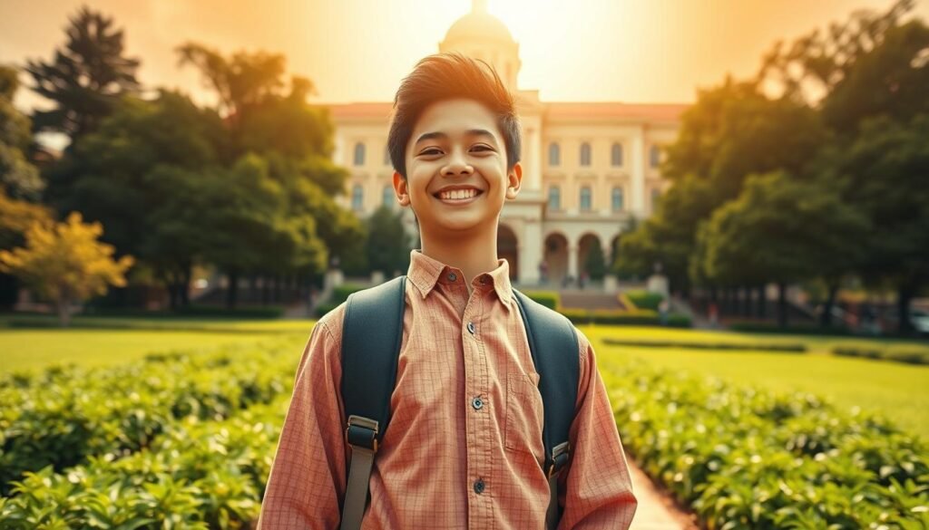 A vibrant scene of academic success, set against a warm, golden-hued backdrop. In the foreground, a young, determined student stands proudly, their expression radiating triumph and gratitude. The middle ground features a lush, verdant landscape, symbolizing the growth and nourishment provided by their educational journey. In the background, a majestic, sun-dappled building stands as a beacon of opportunity, its architecture reflecting the grandeur of their achievement. Soft, diffused lighting casts a gentle, inspirational glow, while the camera angle captures the scene from a low, empowering perspective, elevating the subject's sense of accomplishment. The overall composition conveys a narrative of perseverance, aspiration, and the transformative power of education.
