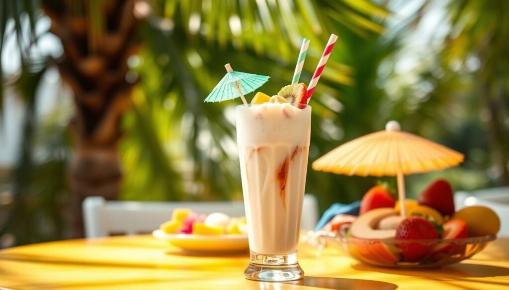 A beautifully arranged milkshake yakult float mocktail, set on a vibrant tropical table. In the foreground, the mocktail features a tall, clear glass filled with a creamy, layered concoction of vanilla milkshake and a frothy Yakult topping, garnished with colorful fruit slices like strawberries and kiwi, along with a playful straw. In the middle ground, a charming plate of colorful fruit and a small decorative umbrella complement the beverage. The background captures a sunny outdoor scene with soft, dappled sunlight filtering through palm leaves, creating a warm and inviting atmosphere. The lens captures this delightful setup with a slight blur to enhance the subject focus, inviting viewers to imagine a refreshing tropical getaway.