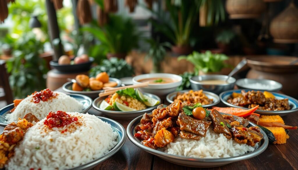 A beautifully arranged spread of traditional Sumatra dishes set on a rustic wooden table. In the foreground, vivid plates of Nasi Padang, featuring aromatic rice, rendang beef, and colorful side dishes like sambal and fried eggplant. In the middle, soft lighting highlights a steaming bowl of Soto Padang, garnished with fresh herbs and lime. In the background, lush greenery and traditional bamboo decorations create a cozy atmosphere, suggesting a local market or home kitchen. The scene captures the essence of Sumatra's rich culinary heritage, evoking warmth and the inviting nature of shared meals. The image should have a shallow depth of field to focus on the dishes, with vibrant colors and natural light enhancing the visual appeal. A beautifully arranged spread of traditional Sumatra dishes set on a rustic wooden table. In the foreground, vivid plates of Nasi Padang, featuring aromatic rice, rendang beef, and colorful side dishes like sambal and fried eggplant. In the middle, soft lighting highlights a steaming bowl of Soto Padang, garnished with fresh herbs and lime. In the background, lush greenery and traditional bamboo decorations create a cozy atmosphere, suggesting a local market or home kitchen. The scene captures the essence of Sumatra's rich culinary heritage, evoking warmth and the inviting nature of shared meals. The image should have a shallow depth of field to focus on the dishes, with vibrant colors and natural light enhancing the visual appeal.