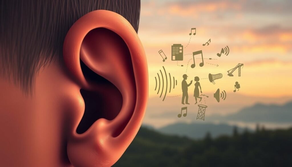 A detailed illustration of tinnitus causes, featuring a close-up view of a human ear in the foreground, with subtle waves emanating from the ear to symbolize ringing. In the middle ground, various abstract representations of common tinnitus triggers, such as loud music notes, stressed figures, construction noise, and earwax buildup icons, artistically arranged. The background displays a serene environment contrasting the chaos, with soft, blurred outlines of nature, conveying calmness and tranquility. The lighting is soft and diffused, highlighting the ear and sound waves while casting gentle shadows. The mood should be a blend of tension and relief, symbolizing the struggle with tinnitus. The composition should be engaging and visually striking, with a focus on clarity and symbolism rather than clutter.