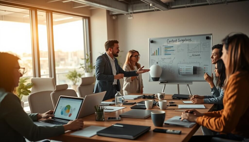 A dynamic workspace scene showcasing a diverse group of professionals engaged in content monetization skills. In the foreground, a woman in business attire is brainstorming content ideas on a laptop, with vibrant graphics on the screen. Beside her, a man in smart casual clothing is discussing strategies, pointing at a whiteboard filled with charts and metrics. In the middle, a diverse team collaborates around a table covered in digital devices, notebooks, and coffee cups, highlighting innovation and teamwork. The background features a modern office with large windows, letting in soft, ambient natural light that creates an inspiring atmosphere. The overall mood is energetic and focused, reflecting the determination and creativity needed for successful content monetization. A dynamic workspace scene showcasing a diverse group of professionals engaged in content monetization skills. In the foreground, a woman in business attire is brainstorming content ideas on a laptop, with vibrant graphics on the screen. Beside her, a man in smart casual clothing is discussing strategies, pointing at a whiteboard filled with charts and metrics. In the middle, a diverse team collaborates around a table covered in digital devices, notebooks, and coffee cups, highlighting innovation and teamwork. The background features a modern office with large windows, letting in soft, ambient natural light that creates an inspiring atmosphere. The overall mood is energetic and focused, reflecting the determination and creativity needed for successful content monetization.