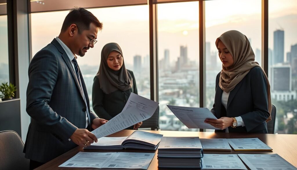 A focused and professional scene depicting the supervisory role of the DKPP in ensuring ethical election practices. In the foreground, a diverse group of three individuals in business attire, consisting of two men and one woman, are engaged in a discussion, reviewing documents that illustrate compliance with the election code of ethics. The middle ground features a table lined with election materials, such as ballots and guides, symbolizing transparency and integrity in the electoral process. In the background, a large window showcases a city skyline, bathed in warm afternoon light, creating a hopeful atmosphere. The image should evoke a sense of collaboration, accountability, and professionalism in the context of Indonesia's election governance.