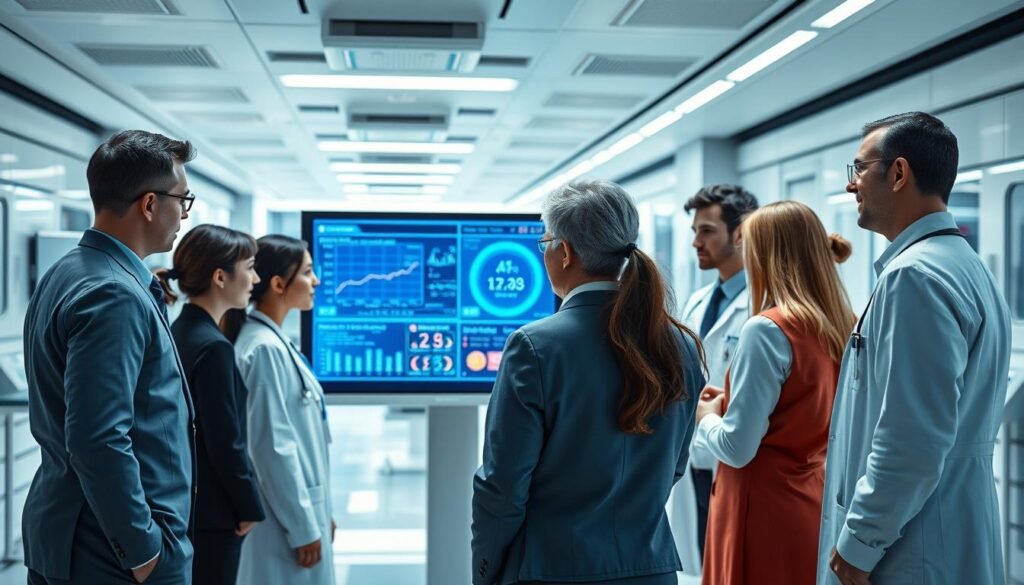 A futuristic scene depicting an artificial intelligence system assisting in medical diagnosis. In the foreground, a diverse group of healthcare professionals in smart, professional attire are gathered around a high-tech monitor displaying detailed medical data and AI-generated insights. In the middle ground, a digital interface with vibrant graphics, displaying patient information and predictive analytics. The background features a modern hospital environment, with bright, sterile lighting and advanced medical equipment. The atmosphere is one of collaboration and innovation, showcasing the synergy between technology and healthcare. The image is captured with a slight overhead angle, enhancing the focus on the interaction between the team and the AI system.