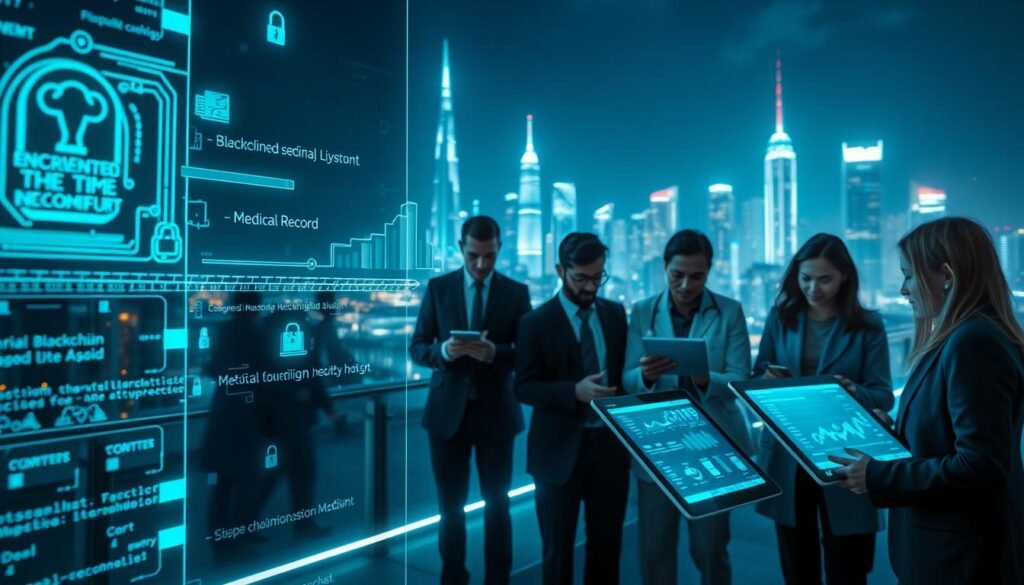 A modern digital landscape showcasing blockchain technology in the context of medical record security. In the foreground, a high-tech transparent screen displays encrypted medical data streams and blockchain connections, emphasizing security and innovation. In the middle, a diverse group of professionals in business attire collaborates, examining digital tablets with medical graphs and data visualizations. The background features a futuristic cityscape with glowing skyscrapers, symbolizing technological advancements in healthcare. The atmosphere feels optimistic and forward-looking, highlighted by soft blue and green lighting that conveys trust and reliability. The camera angle is slightly elevated and wide, creating a dynamic composition that draws the viewer into this cutting-edge world of digital health security.