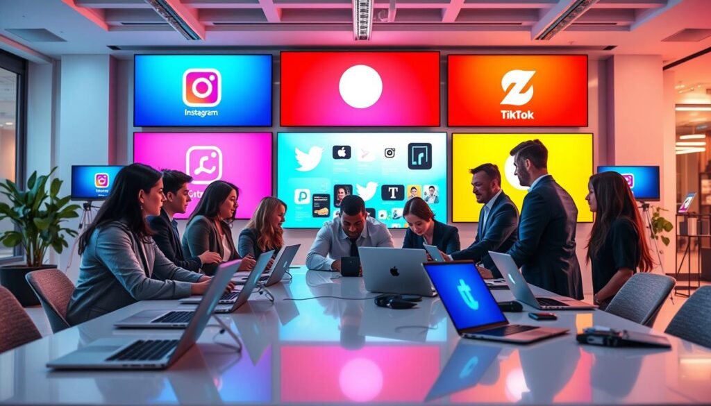 A modern digital workspace illustrating vibrant social media platforms on various screens. In the foreground, a diverse group of professionals in business attire collaborate over a sleek table filled with laptops and digital devices. The middle ground features large, vivid displays showcasing popular social media icons like Instagram, Twitter, and TikTok, representing content monetization opportunities. The background showcases a dynamic office environment with soft, ambient lighting that creates a productive atmosphere. Use a wide-angle perspective to capture the interaction, emphasizing teamwork and innovation. Aim for a professional yet inspiring mood, highlighting the potential of social media for content creators and marketers. A modern digital workspace illustrating vibrant social media platforms on various screens. In the foreground, a diverse group of professionals in business attire collaborate over a sleek table filled with laptops and digital devices. The middle ground features large, vivid displays showcasing popular social media icons like Instagram, Twitter, and TikTok, representing content monetization opportunities. The background showcases a dynamic office environment with soft, ambient lighting that creates a productive atmosphere. Use a wide-angle perspective to capture the interaction, emphasizing teamwork and innovation. Aim for a professional yet inspiring mood, highlighting the potential of social media for content creators and marketers.