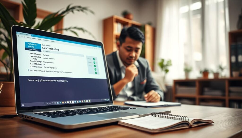 A modern home office scene focused on a laptop displaying a WiFi connection troubleshooting interface, symbolizing "solusi lanjutan koneksi wifi." In the foreground, the laptop is open with a clear view of the screen showing network settings. To its side, a notepad with notes for advanced troubleshooting. In the middle ground, a person in smart casual wear is intently examining the laptop screen, with a calm focused expression, seemingly pondering solutions. The background features a cozy, well-lit room with green plants and bookshelves, creating a warm, inviting atmosphere. Soft, natural light flows in from a window, giving a calming effect. The image should convey a sense of practicality and hope for resolving WiFi connectivity issues.