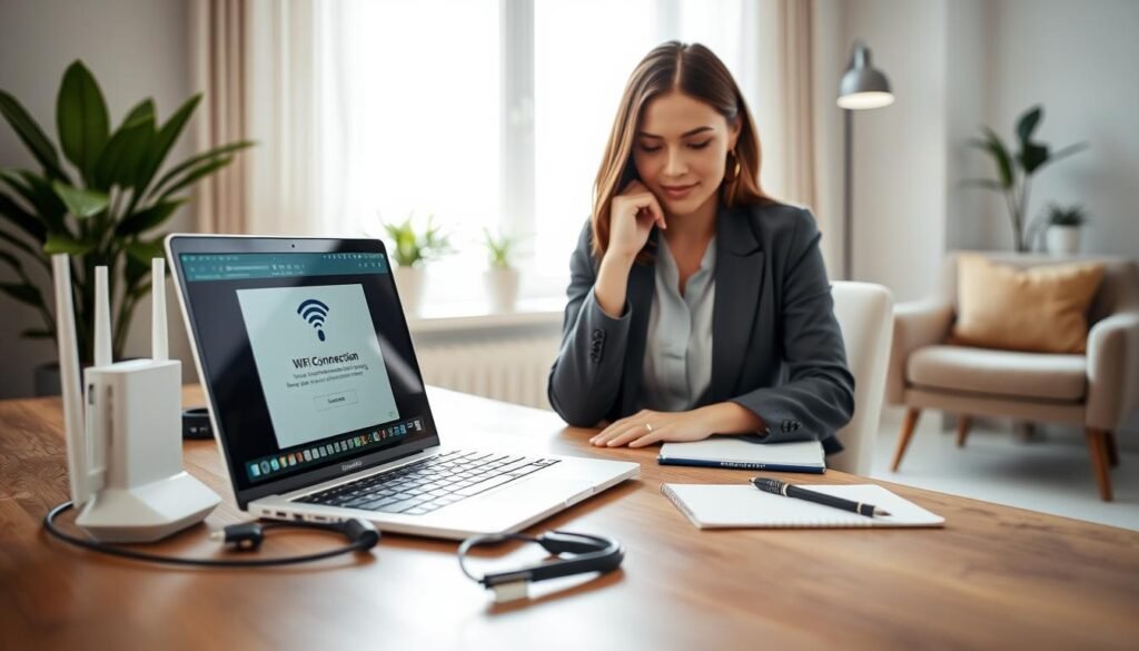 A modern home office setting with a focus on a laptop displaying a WiFi connection troubleshooting screen. In the foreground, a professional woman in smart casual attire is seated at a stylish wooden desk, thoughtfully examining the laptop. On the desk, tools like a WiFi router, cables, and a notepad are neatly arranged, indicating a tech-savvy environment. The background features a softly lit room with bright natural light filtering through a window, plants adding a touch of greenery, and a comfortable chair, creating a calm and inviting atmosphere. The overall mood is one of focus and problem-solving, highlighting the theme of simplicity in resolving WiFi connectivity issues. The composition emphasizes clarity and organization in both the workspace and the troubleshooting process.