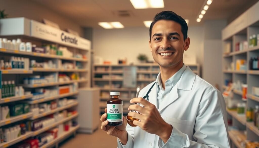 A pharmacist in a modern, well-lit pharmacy is demonstrating how to take dry cough medicine. In the foreground, the pharmacist, wearing professional attire, is holding a bottle of cough syrup and a measuring spoon, smiling gently. The middle ground shows shelves stocked with various medicinal products and an organized counter with informative posters. In the background, soft, warm lighting creates a welcoming atmosphere, emphasizing cleanliness and professionalism. The overall mood is informative and reassuring, reflecting the importance of proper medication usage. The perspective is slightly angled to capture both the pharmacist's friendly demeanor and the organized pharmacy setting, without any text or distractions.