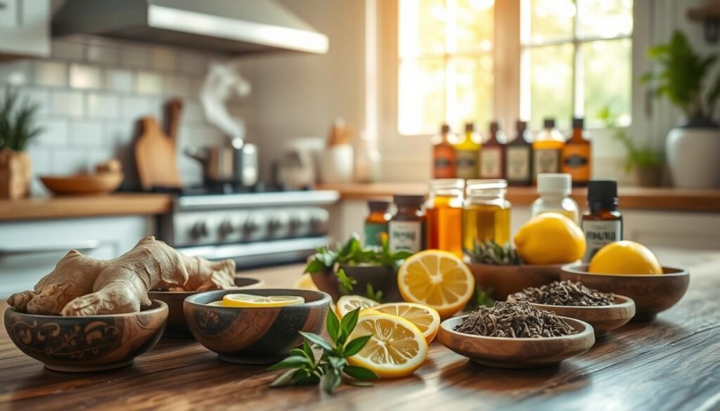 A serene kitchen scene showcasing natural remedies for dry cough. In the foreground, a wooden table adorned with an assortment of herbal ingredients: fresh ginger, honey, lemon slices, and dried thyme, all artfully arranged in rustic bowls. In the middle ground, a small pot simmers gently on a stove, emitting a soft steam, while a colorful array of essential oils and herbal teas are neatly organized beside it. The background features a well-lit window with sunlight streaming in, illuminating the space and creating a warm, inviting atmosphere. The scene conveys a sense of tranquility and holistic wellness, perfect for presenting natural and traditional remedies in a comforting environment. Soft, natural lighting enhances the organic feel, with a focus on the colors and textures of the ingredients.