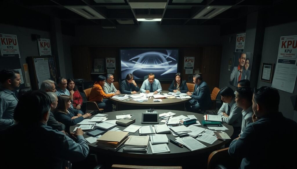 A tense and dynamic scene representing ethical violations at an election commission setting in Bogor. In the foreground, a group of concerned citizens in professional attire, expressing worry and confusion. In the middle, a large round table with KPU officials engaged in a heated discussion, papers and records strewn about, reflecting chaos and urgency. The background showcases a dimly lit office room with election posters on the walls. The lighting is dramatic, with a spotlight highlighting the officials, casting shadows that add tension to the atmosphere. Use a wide-angle lens to capture the full scene, creating an immersive sense of involvement in the unfolding situation, while conveying an overall mood of seriousness and concern over electoral integrity.