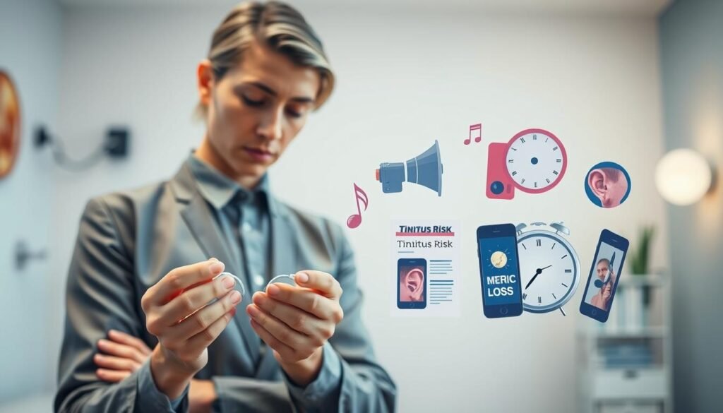 A visual representation of tinnitus risk factors, featuring a split composition. In the foreground, depict a professional wearing a modest outfit, thoughtfully examining a pair of hearing aids and medical pamphlets featuring ear-related imagery. In the middle ground, illustrate various elements related to tinnitus risk such as loudspeakers, a smartphone with music notes, and a clock indicating late-night hours, symbolizing noise exposure, hearing loss, and stress. The background should display a calming clinic environment with soft, diffused lighting, hinting at an auditory examination room. Use a realistic lens effect to convey depth and clarity, creating an informative yet serene atmosphere that emphasizes awareness and education about tinnitus risk factors.