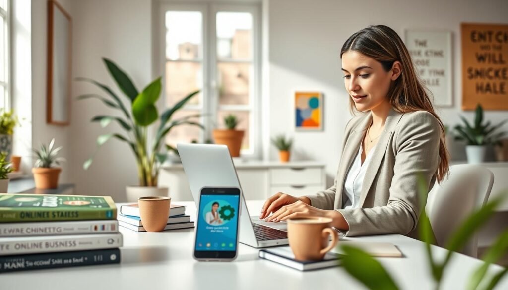 A young professional woman sitting at a modern desk with a laptop, focused and engaged in online business activities. In the foreground, she is shown wearing smart casual attire, with a notebook and a cup of coffee beside her. The middle ground includes a stack of books about online marketing and a smartphone displaying a successful sales app. The background features a bright, airy home office with plants and motivational posters on the walls. Soft, natural lighting flows in from a nearby window, creating a cheerful atmosphere. The overall mood is inspired and optimistic, capturing the essence of starting an online business without upfront investment.